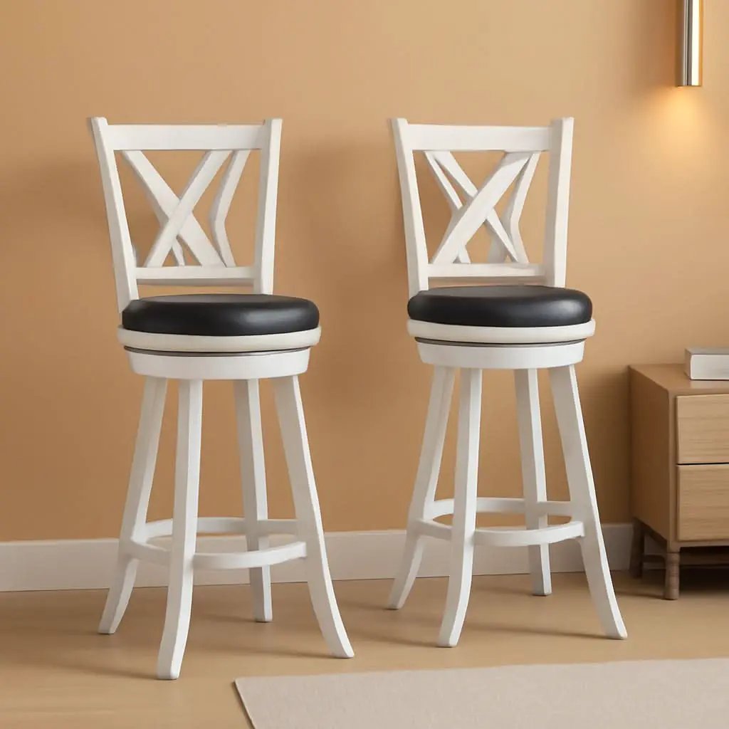 29 Inch Bar Height Swivel Stool Antique White Set Of 2 With Upholstered Seat And Comfortable Padding from PriceLows™