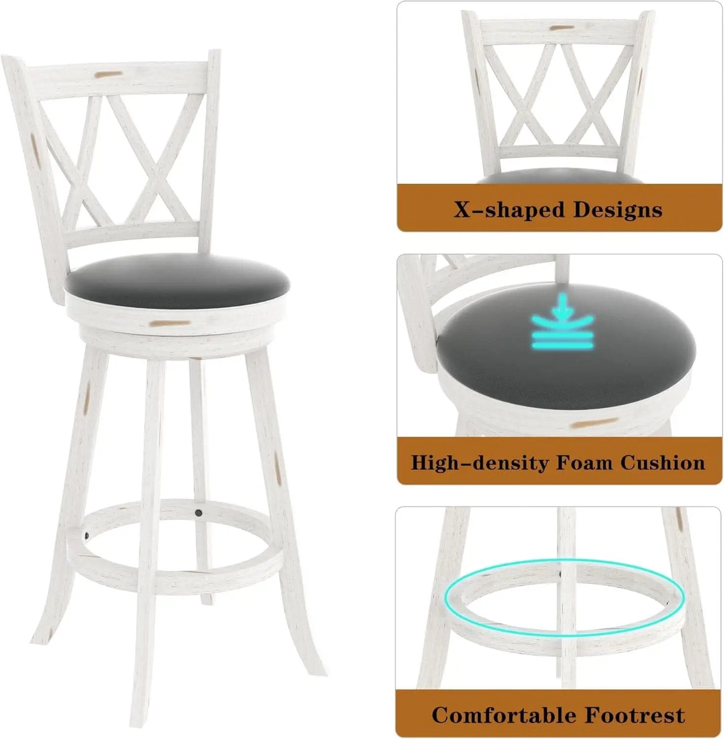 29 Inch Bar Height Swivel Stool Antique White Set Of 2 With Upholstered Seat And Comfortable Padding from PriceLows™