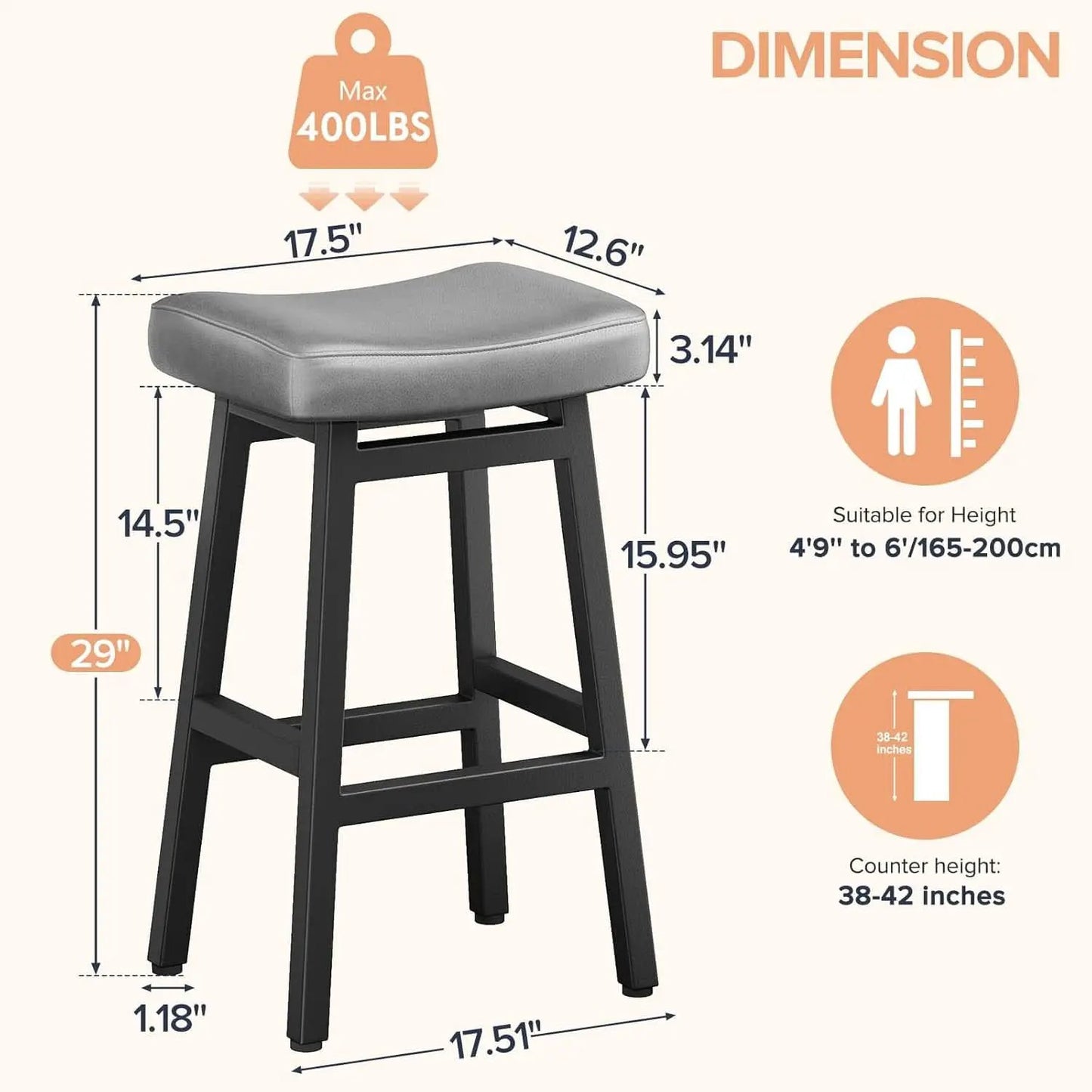 29 Inch Bar Stools Set of 2 All Black Bonded Leather Saddle Seats With Heavy Duty Metal Legs from PriceLows™