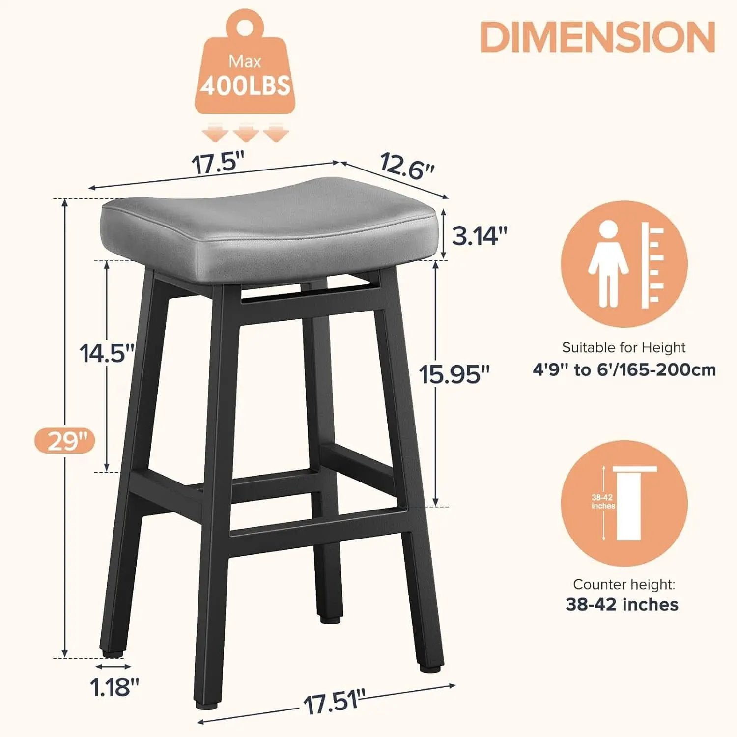 29 Inch Bar Stools Set of 2 All Black Bonded Leather Saddle Seats With Heavy Duty Metal Legs from PriceLows™
