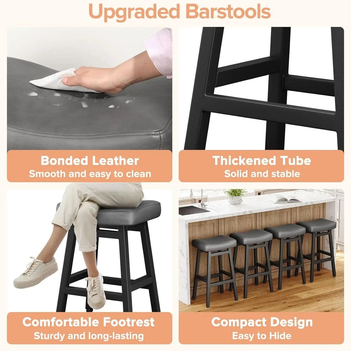 29 Inch Bar Stools Set of 2 All Black Bonded Leather Saddle Seats With Heavy Duty Metal Legs from PriceLows™