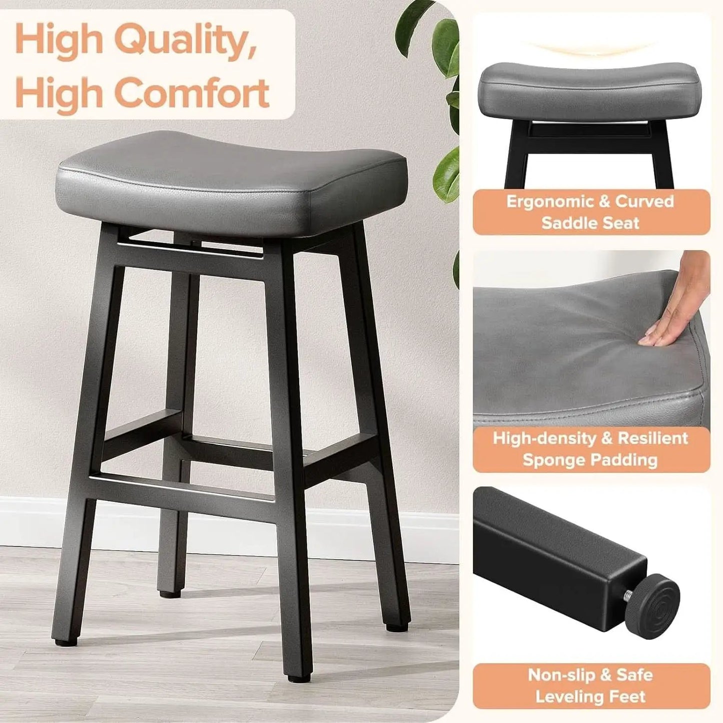 29 Inch Bar Stools Set of 2 All Black Bonded Leather Saddle Seats With Heavy Duty Metal Legs from PriceLows™