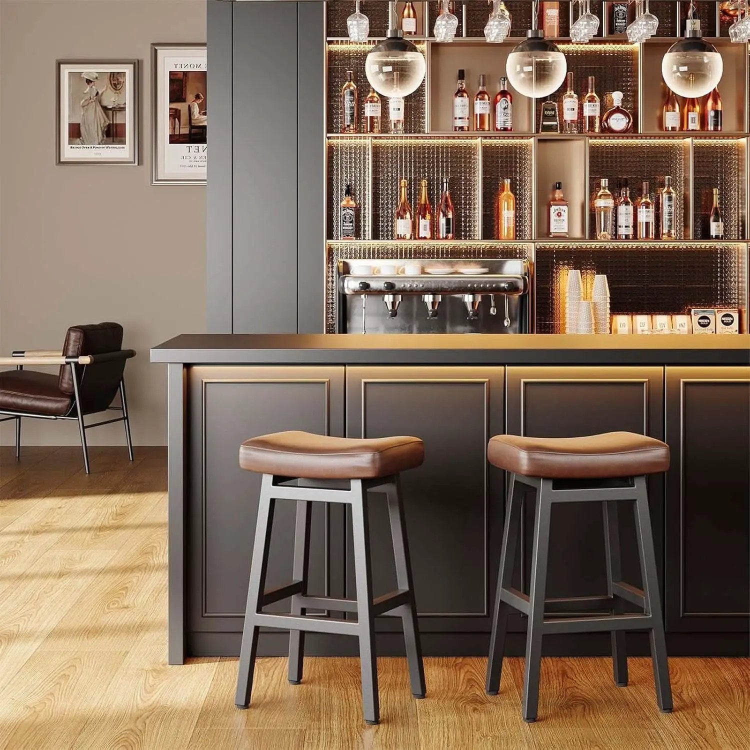 29 Inch Bar Stools Set of 2 All Black Bonded Leather Saddle Seats With Heavy Duty Metal Legs from PriceLows™