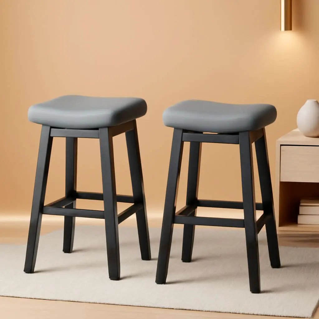 29 Inch Bar Stools Set of 2 All Black Bonded Leather Saddle Seats With Heavy Duty Metal Legs from PriceLows™