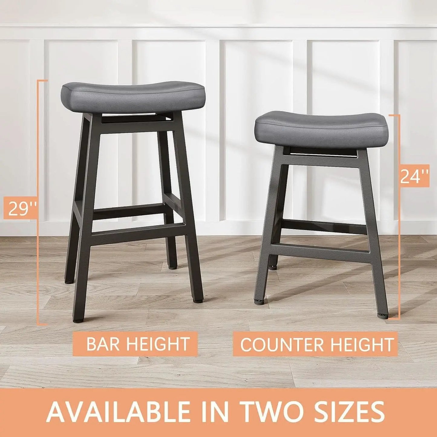 29 Inch Bar Stools Set of 2 All Black Bonded Leather Saddle Seats With Heavy Duty Metal Legs from PriceLows™