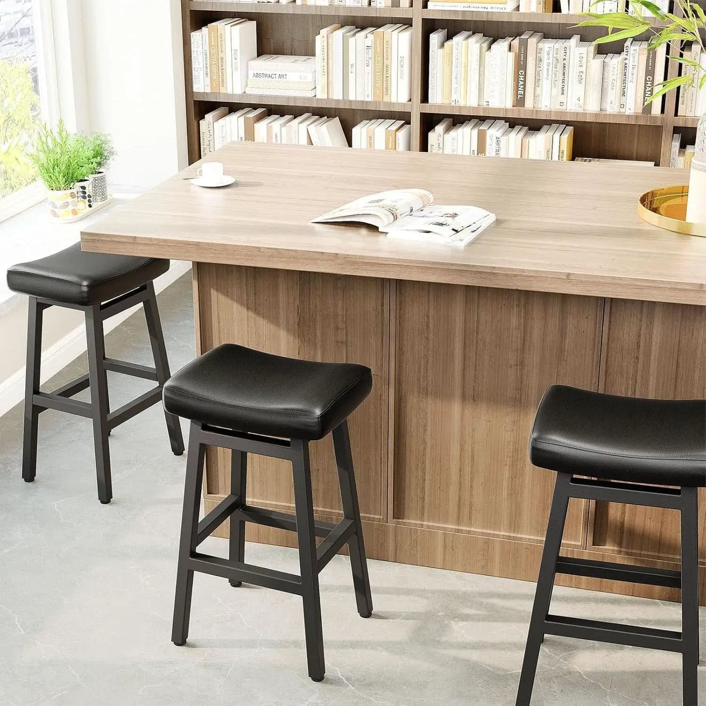 29 Inch Bar Stools Set of 2 All Black Bonded Leather Saddle Seats With Heavy Duty Metal Legs from PriceLows™