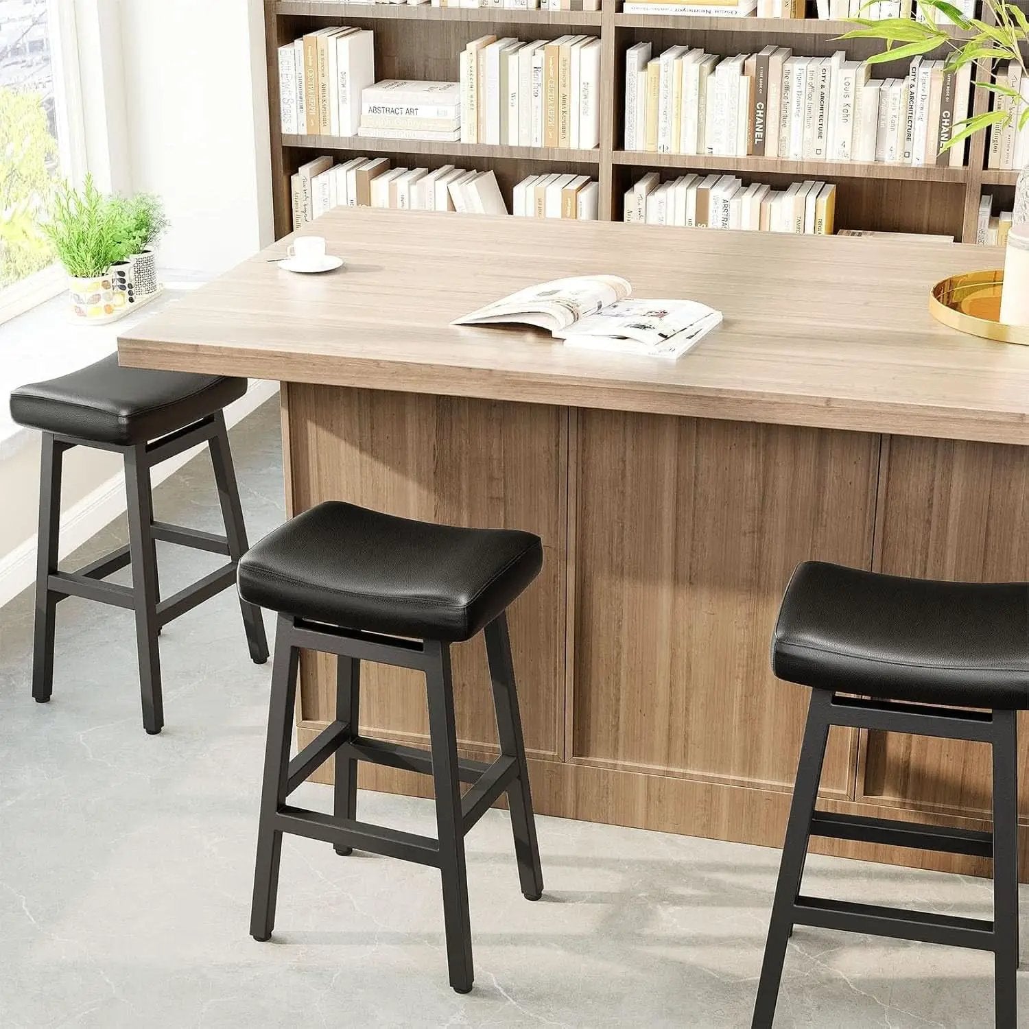 29 Inch Bar Stools Set of 2 All Black Bonded Leather Saddle Seats With Heavy Duty Metal Legs from PriceLows™