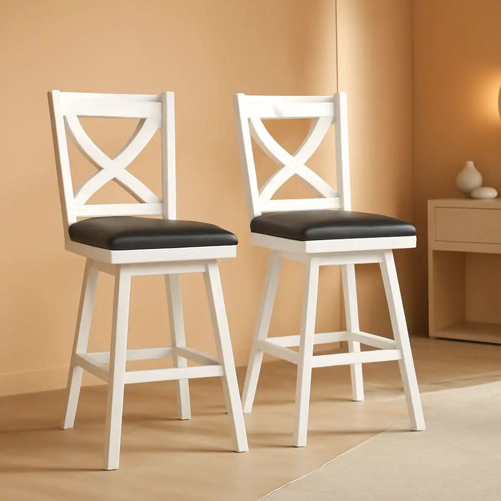 29 Inch Swivel Bar Stool With Grey Faux Leather Upholstery Antique White Wood Frame And Solid Wood Footrest Set Of 2 from PriceLows™