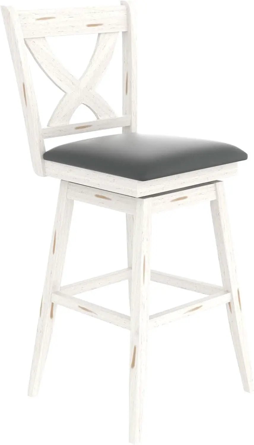 29 Inch Swivel Bar Stool With Grey Faux Leather Upholstery Antique White Wood Frame And Solid Wood Footrest Set Of 2 from PriceLows™