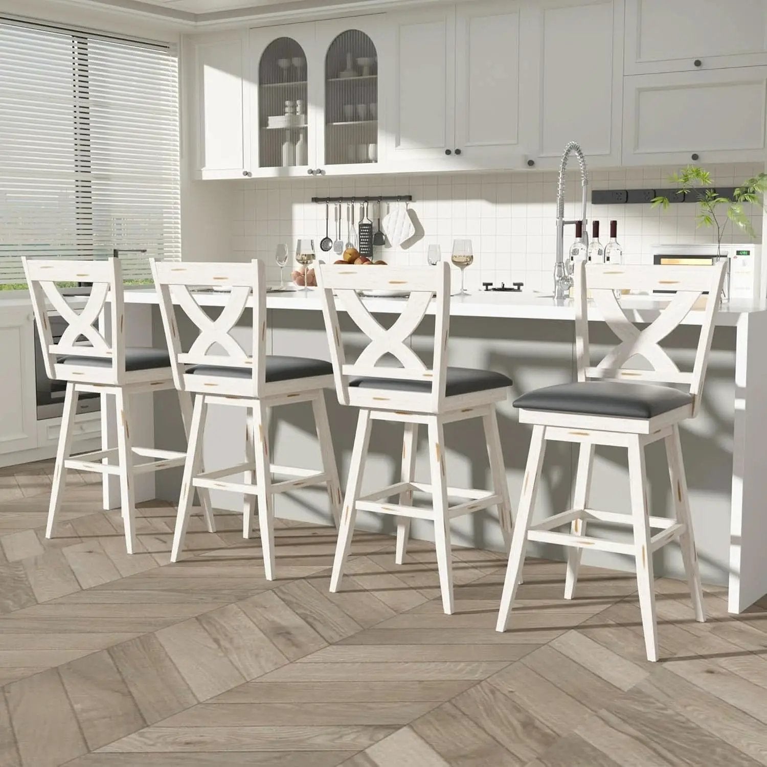 29 Inch Swivel Bar Stool With Grey Faux Leather Upholstery Antique White Wood Frame And Solid Wood Footrest Set Of 2 from PriceLows™