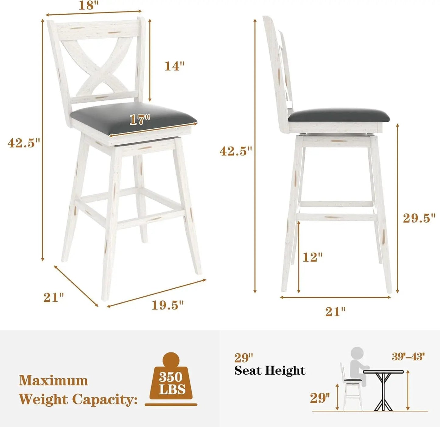 29 Inch Swivel Bar Stool With Grey Faux Leather Upholstery Antique White Wood Frame And Solid Wood Footrest Set Of 2 from PriceLows™