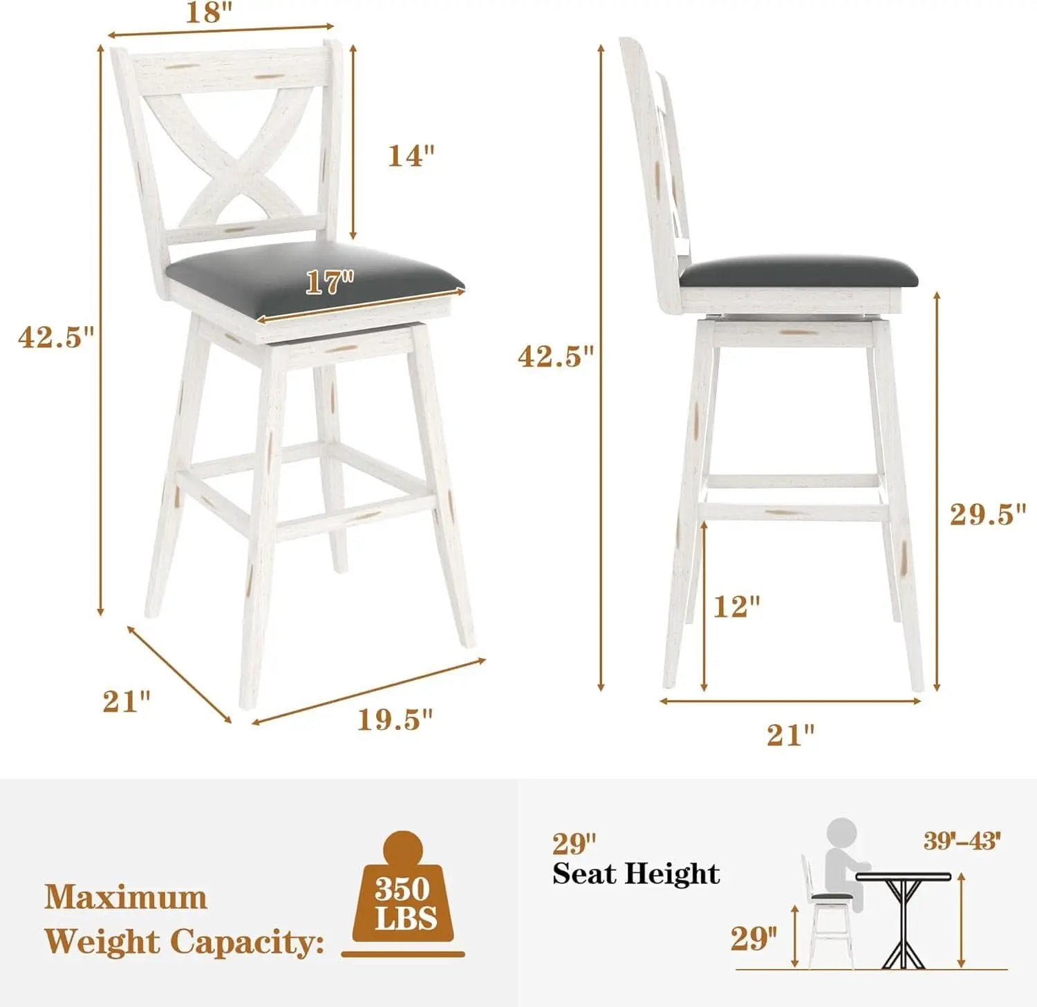 29 Inch Swivel Bar Stool With Grey Faux Leather Upholstery Antique White Wood Frame And Solid Wood Footrest Set Of 2 from PriceLows™