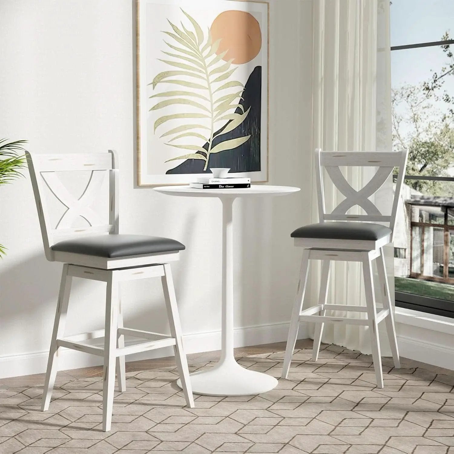 29 Inch Swivel Bar Stool With Grey Faux Leather Upholstery Antique White Wood Frame And Solid Wood Footrest Set Of 2 from PriceLows™