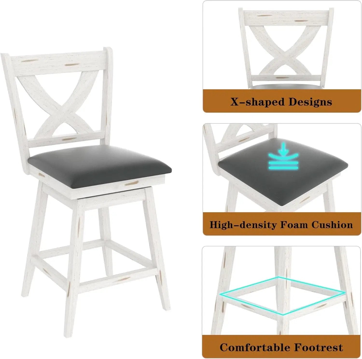 29 Inch Swivel Bar Stool With Grey Faux Leather Upholstery Antique White Wood Frame And Solid Wood Footrest Set Of 2 from PriceLows™