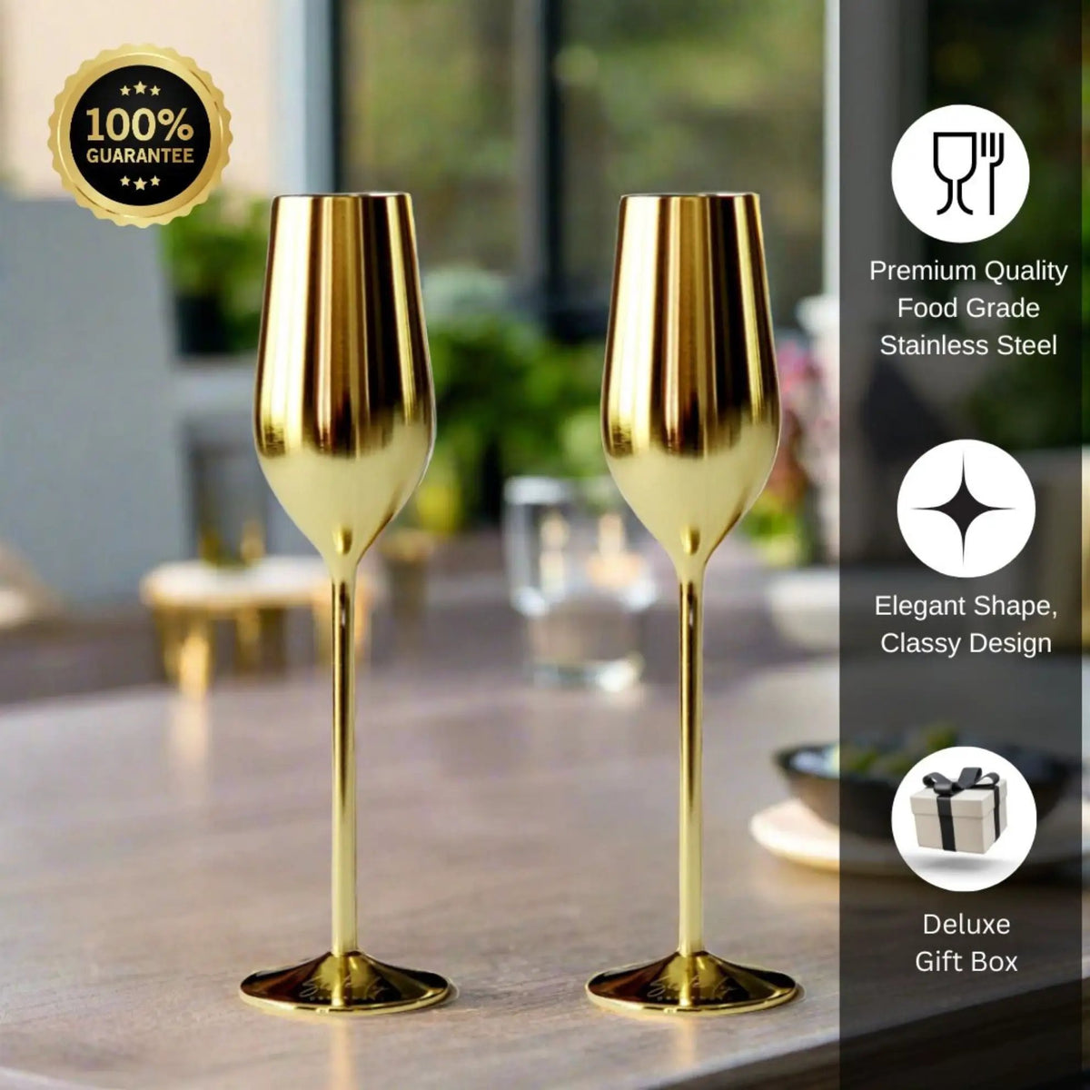 Champagne Flutes | Stainless Steel | Gold Finish | Unbreakable