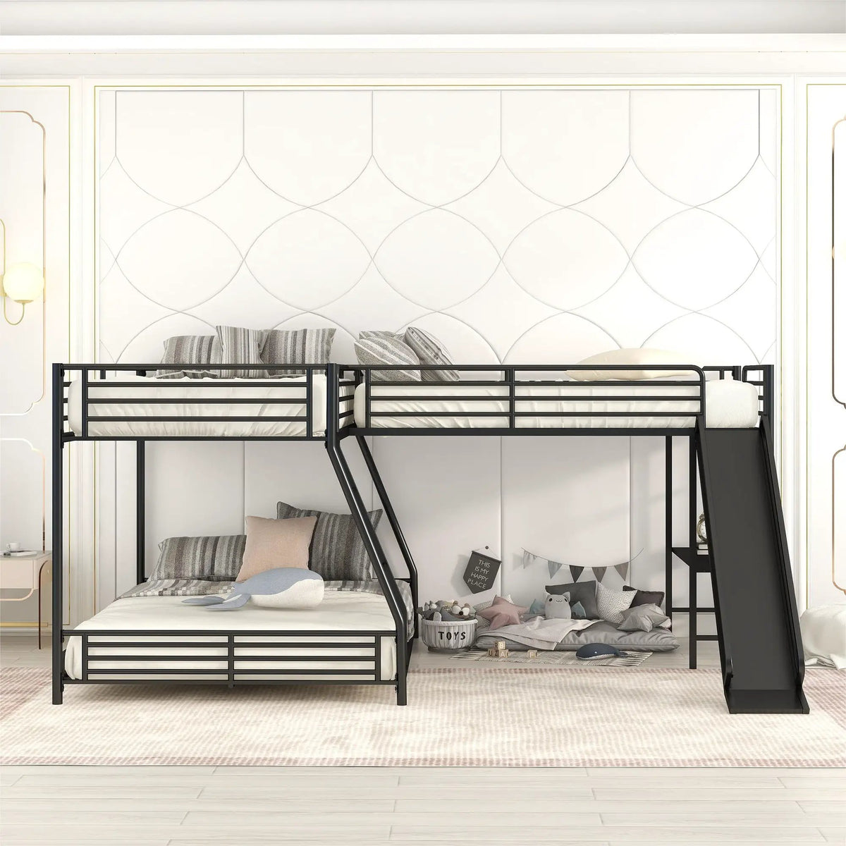 L Shaped Triple Bunk Bed | Twin Over Full Frame | Built In Desk | Black