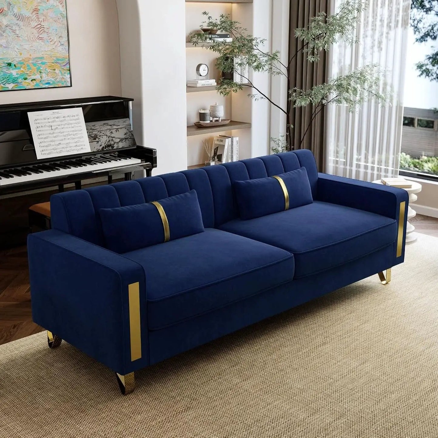2 Piece Velvet Loveseat Sofa Set For Living Room 86 Inch Blue With Gold Metal Legs And 4 Pillows from PriceLows™