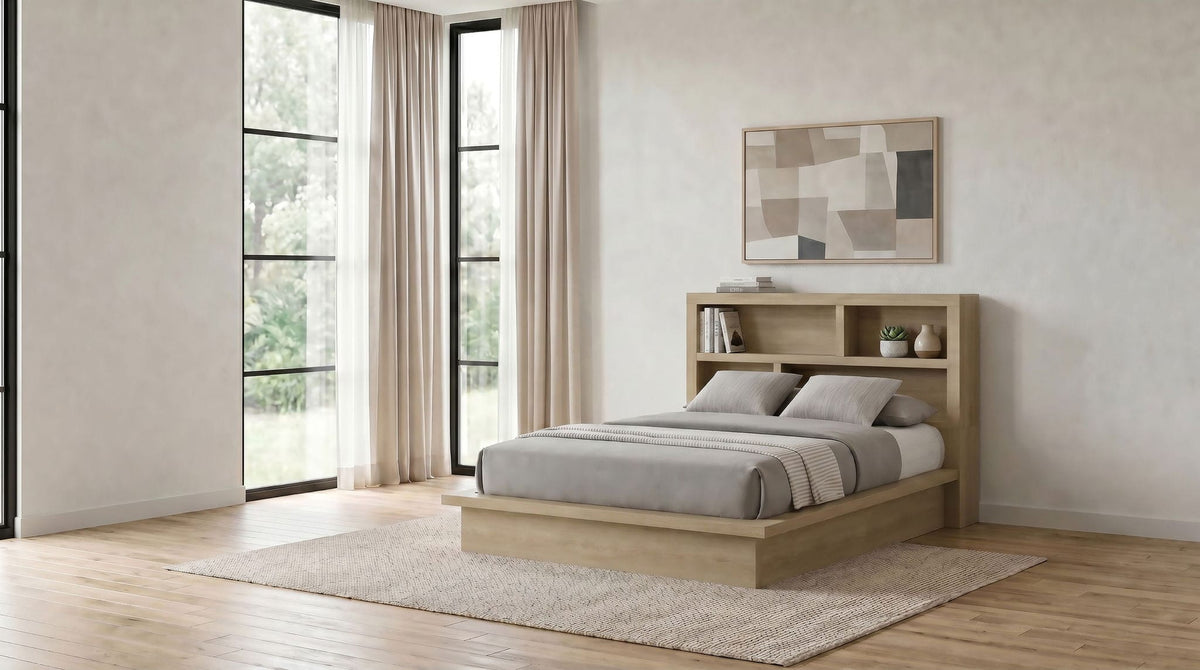 Hendricks Queen Bookcase Headboard Platform Bed | 73.5 x 96.25 x 51.5 in | Engineered Wood & Veneer | Light Oak