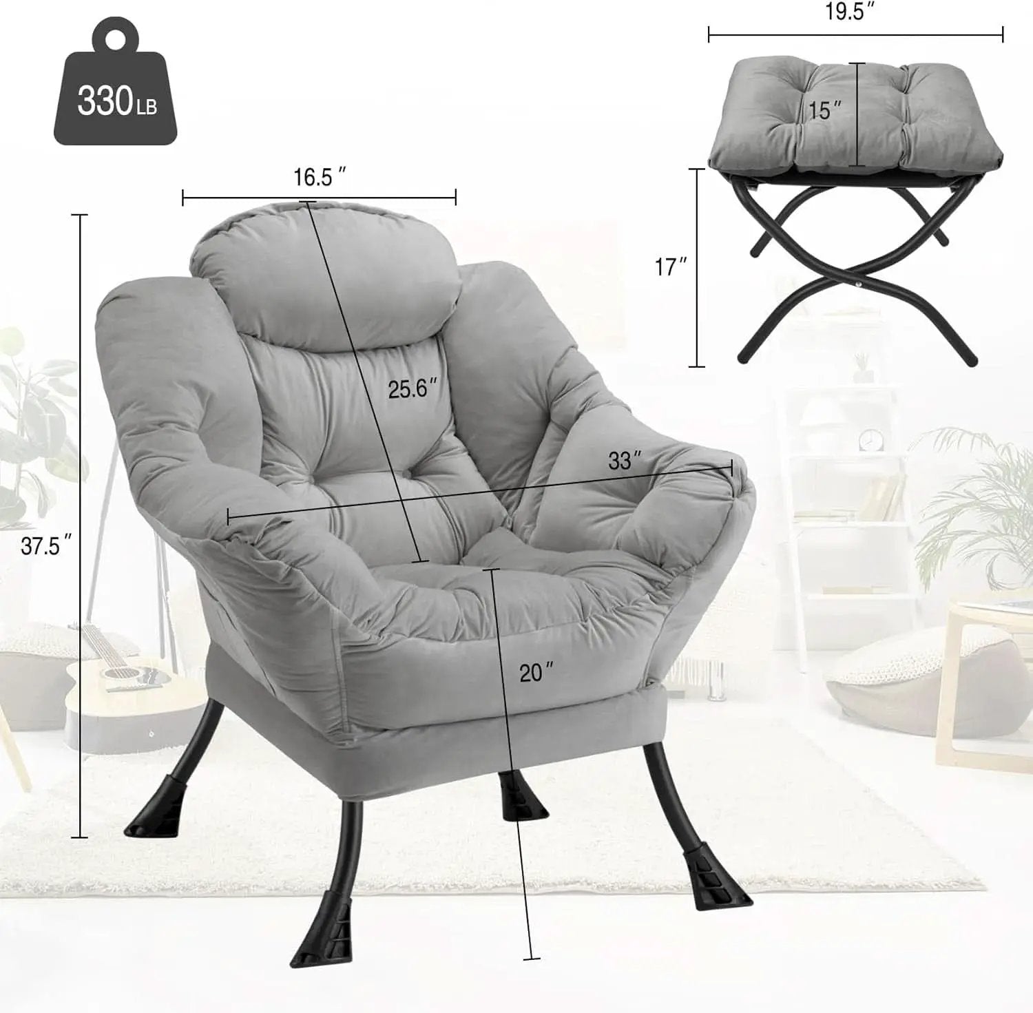 Large Light Gray Upholstered Armchair Folding Ottoman from PriceLows™