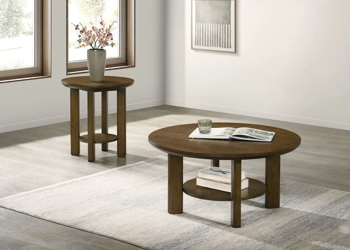 Ottowa 2-piece Round Wood Coffee Table Set | 2-Piece Set | Solid Wood & Oak Veneer | Brown