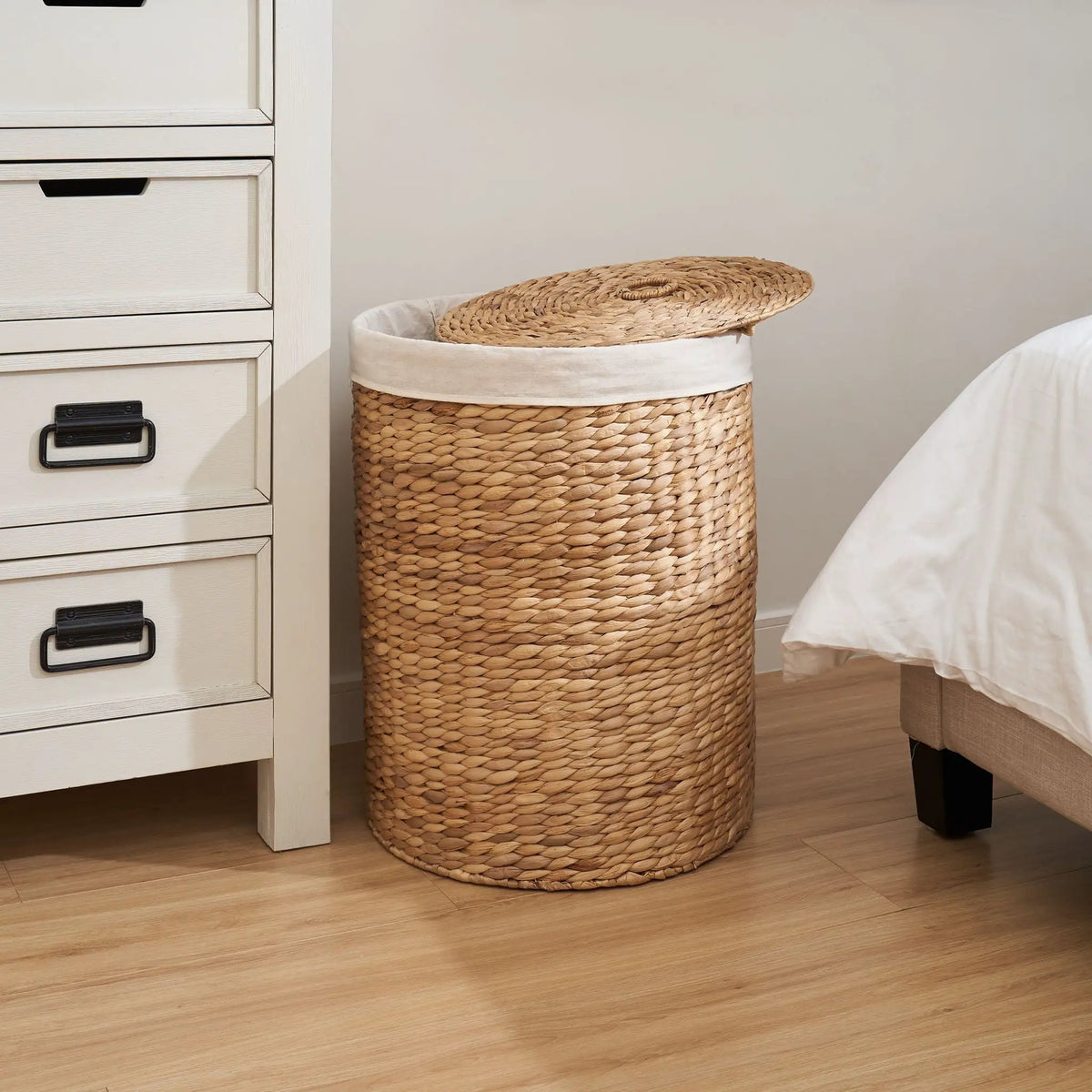 Round Laundry Hamper With Lid | Water Hyacinth Woven Wicker | Tall Storage Basket | 20 Inch Height