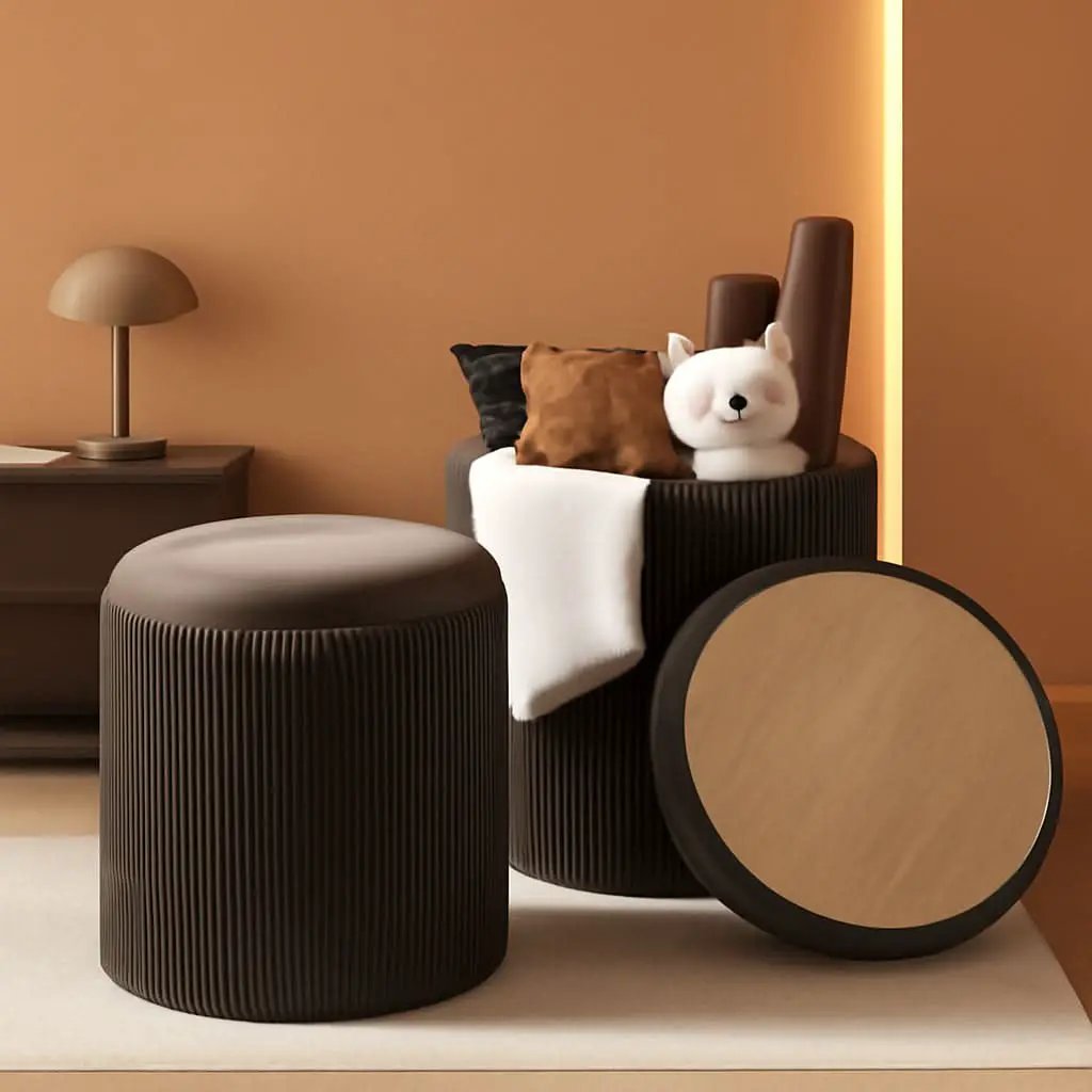 Round Velvet Storage Ottoman Black Lacquered Finish from PriceLows™
