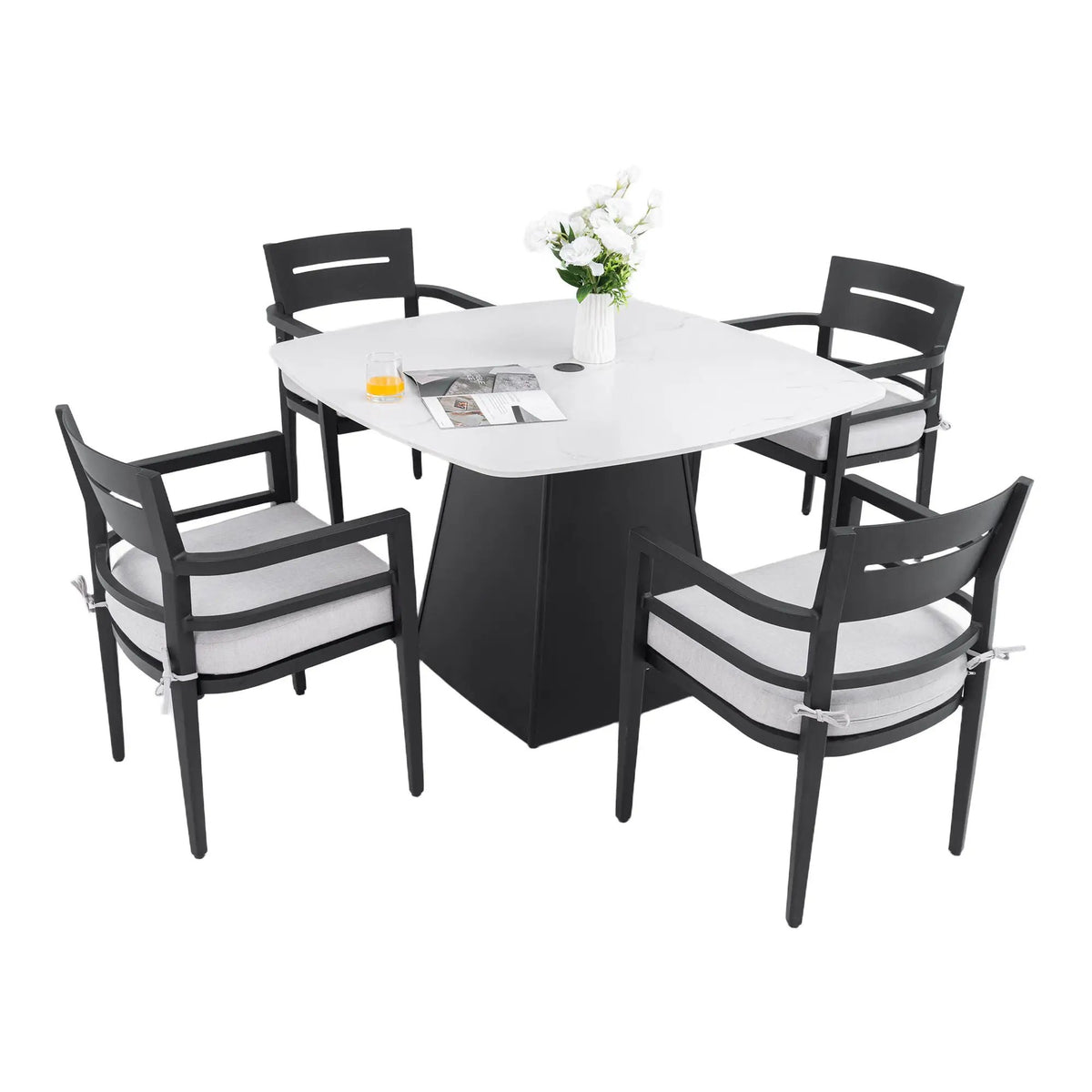 Outdoor Patio Dining Set | Squircle Sintered Stone Table | Sunbrella Cushion Chairs | Rust-Free Aluminum Frame