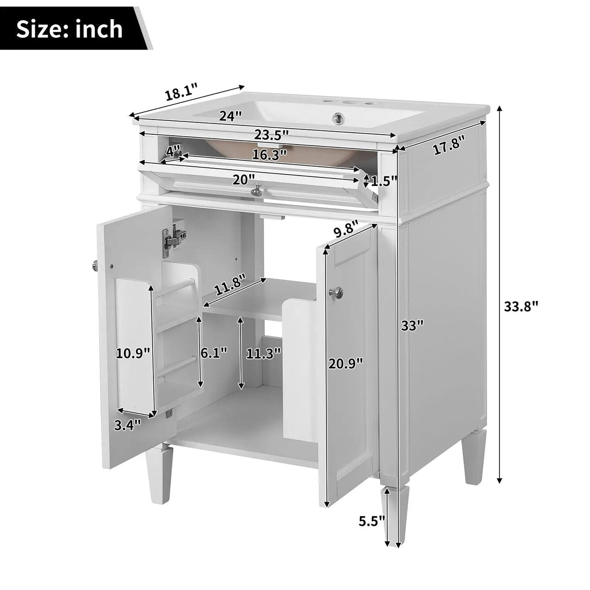 24 Inch Bathroom Vanity | 2 Doors | Tip Out Drawer | Soft Closing Hinges