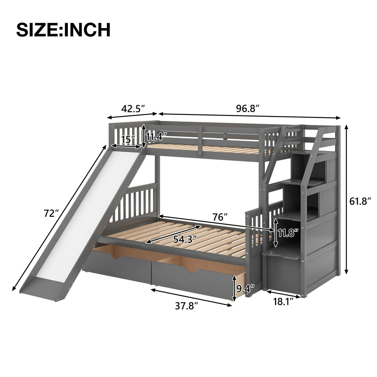 Bunk Bed | Storage Staircase | Slide | Desk With Drawers