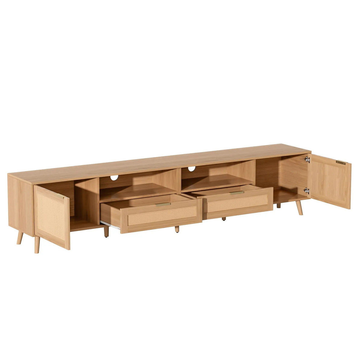 Rattan TV Stand | Media Console | Two Cabinets And Two Open Shelves | Cable Management