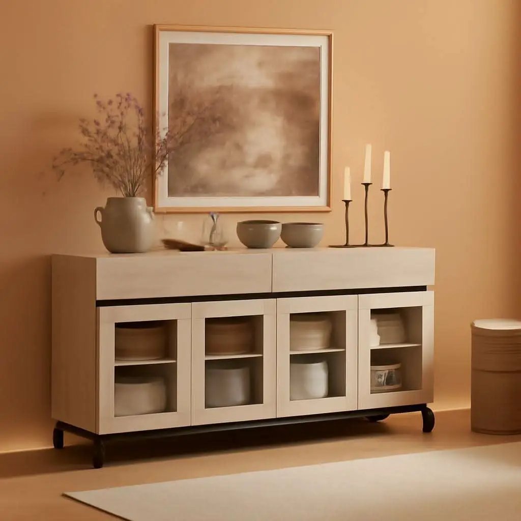 Oak Sideboard Buffet With Glass Doors Light Finish from PriceLows™