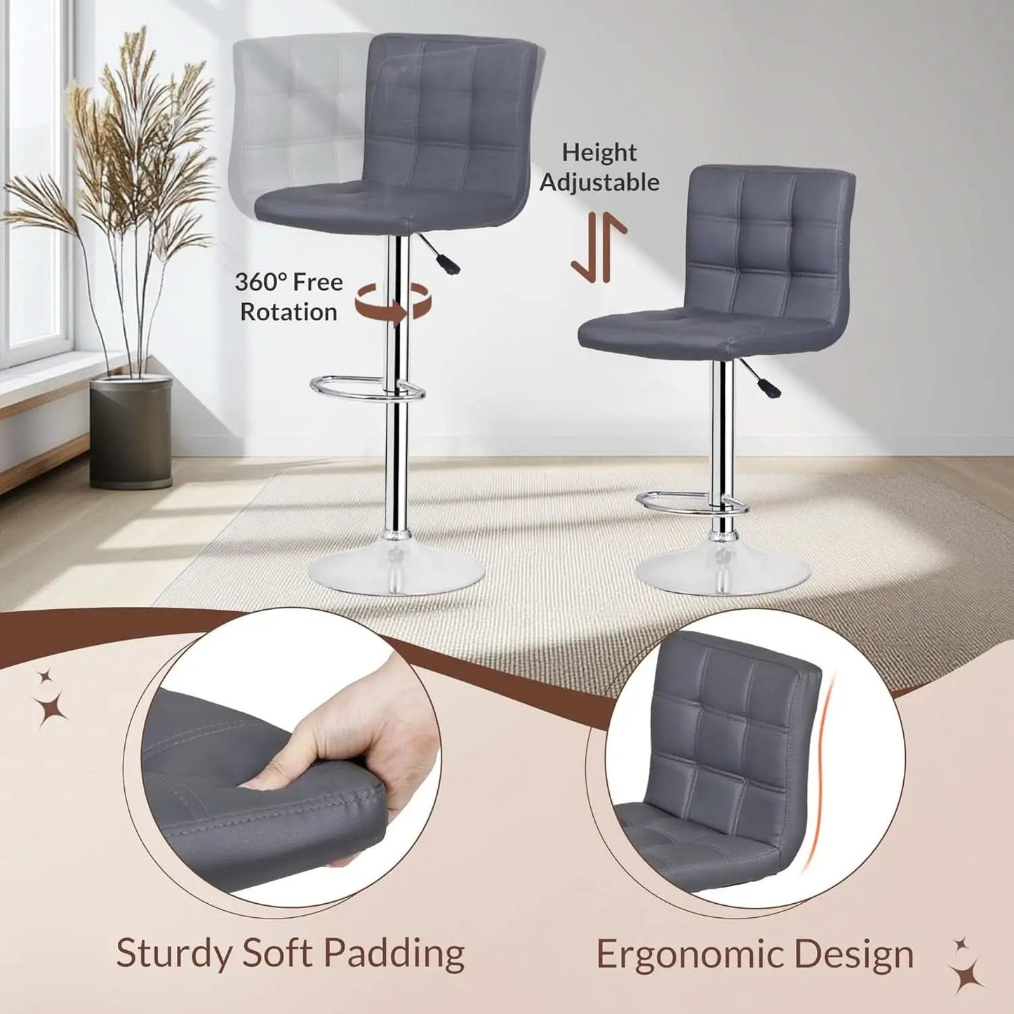 Set Of 4 Adjustable Swivel Barstools In Grey PU Leather from PriceLows™