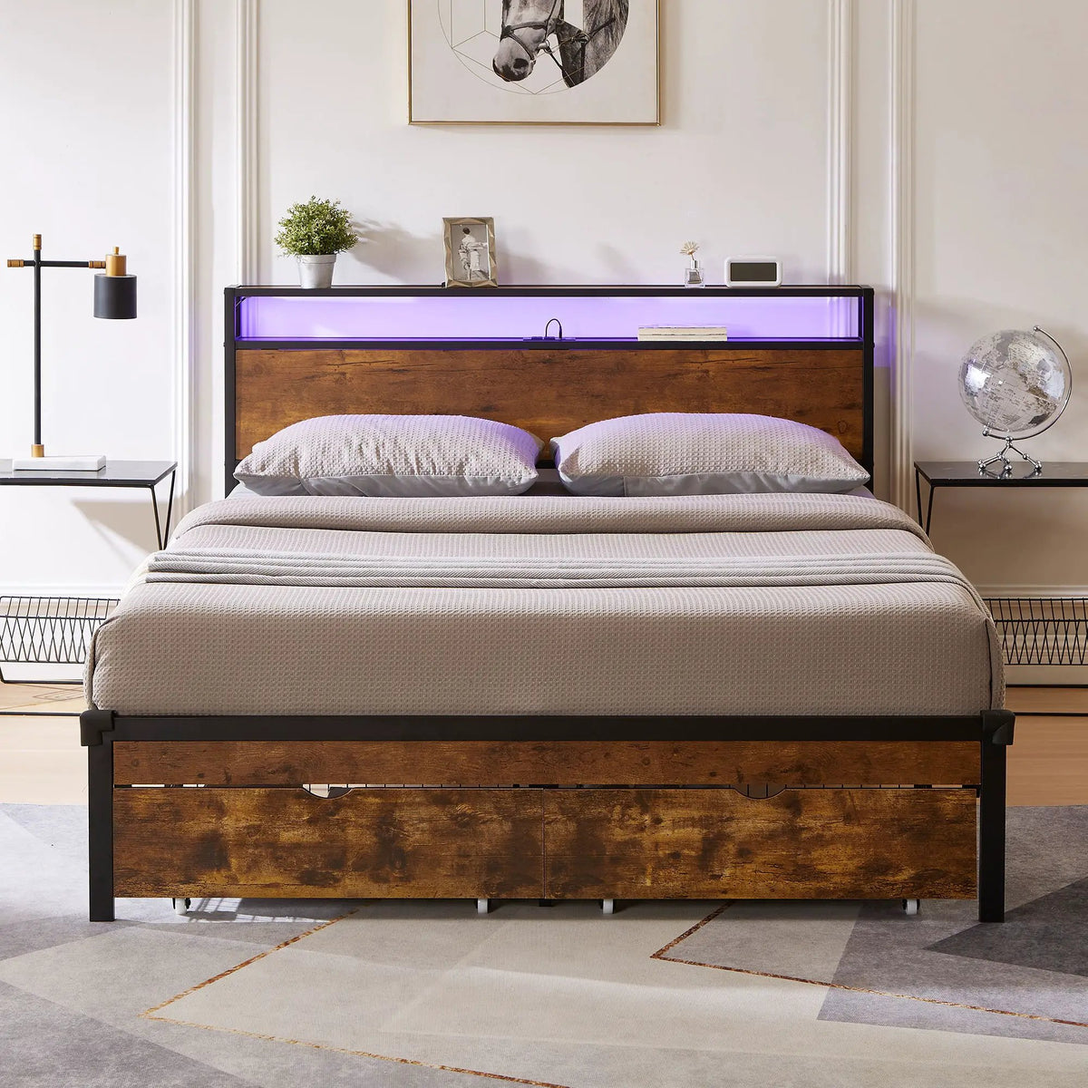 Modern Metal Bed Frame | USB Charging | Dual Storage Drawers | LED Headboard