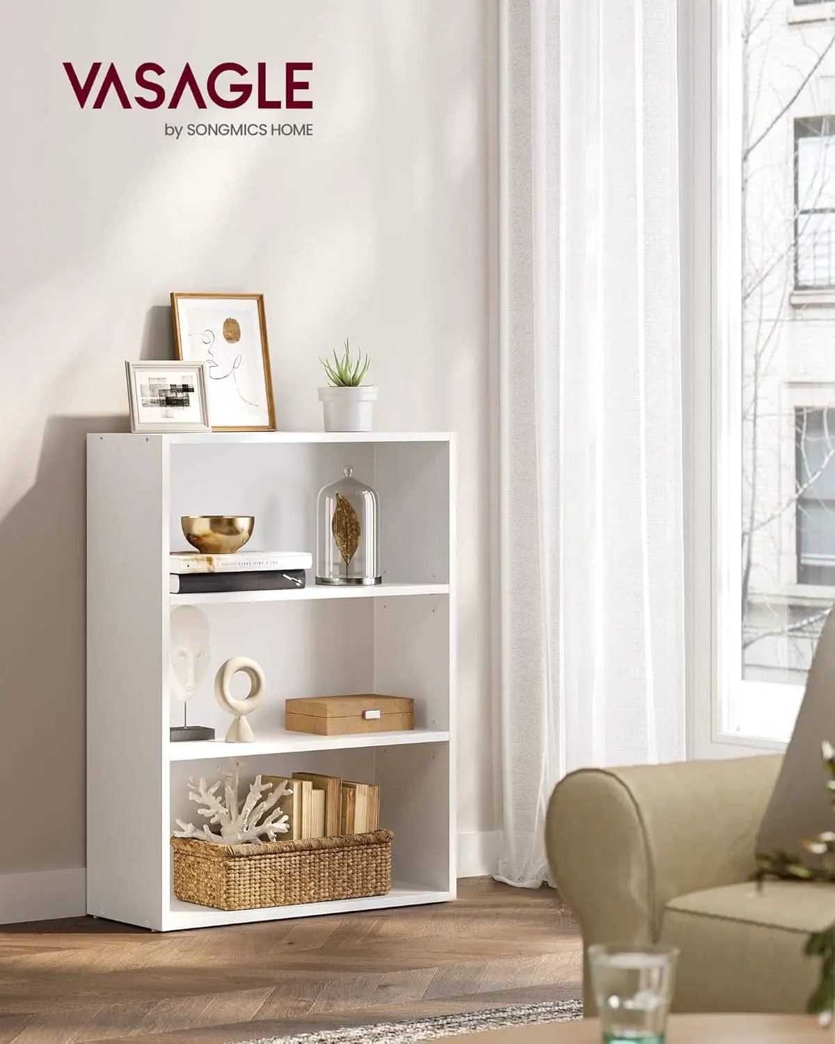 Cloud White 23.6 Inch Wide Three Tier Open Bookshelf from PriceLows™