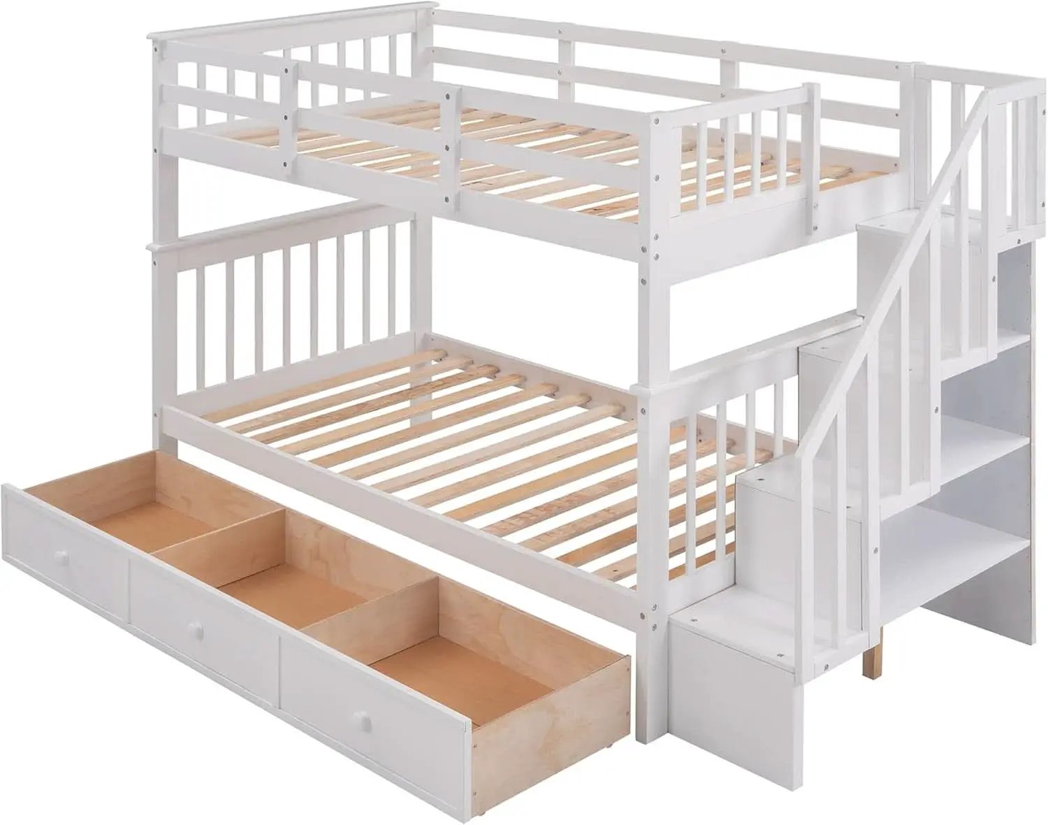 Twin Over Twin Bunk Bed With Stairs Guard Rail And Storage Drawers White from PriceLows™