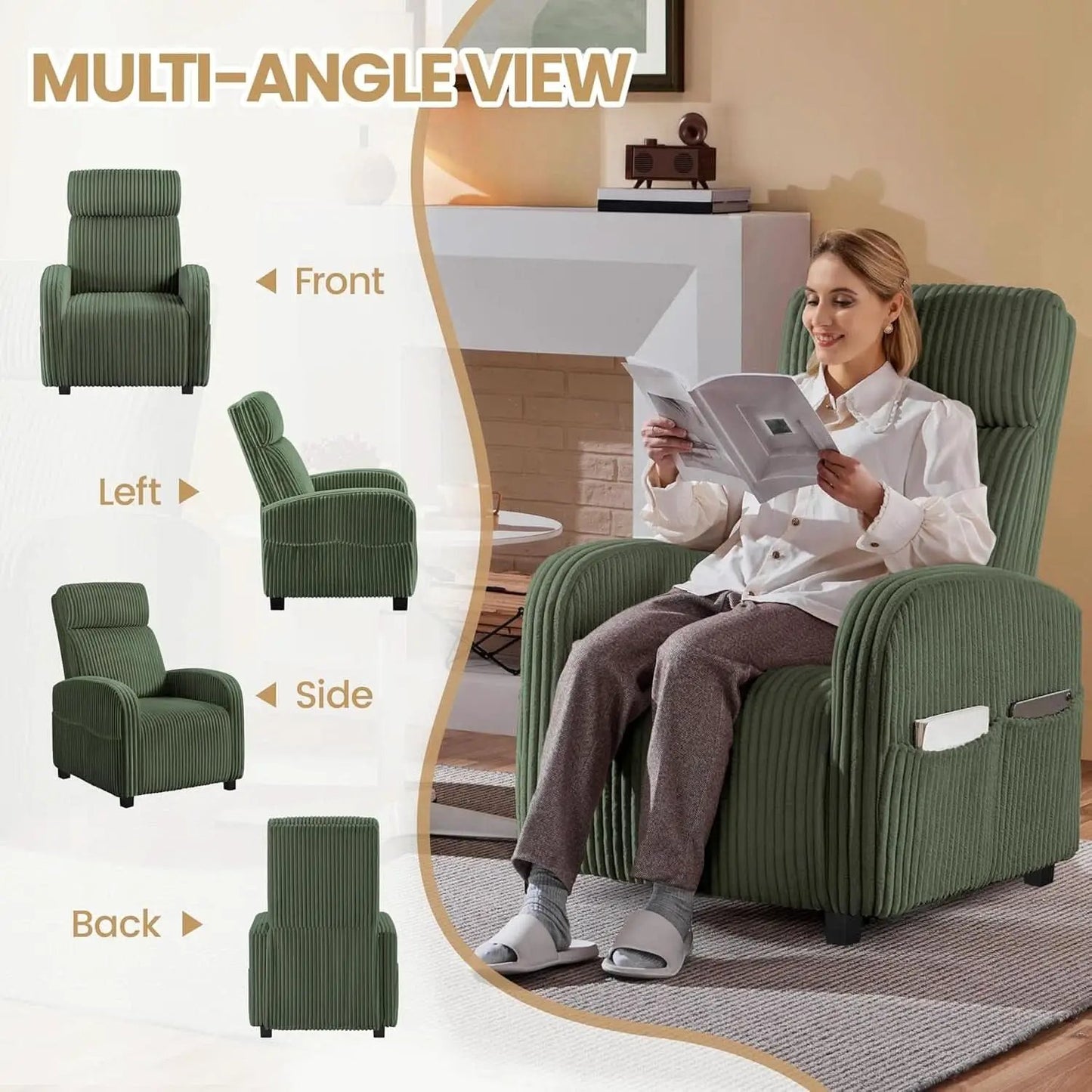 Corduroy Dark Green High-Back Armchair With Pockets from PriceLows™