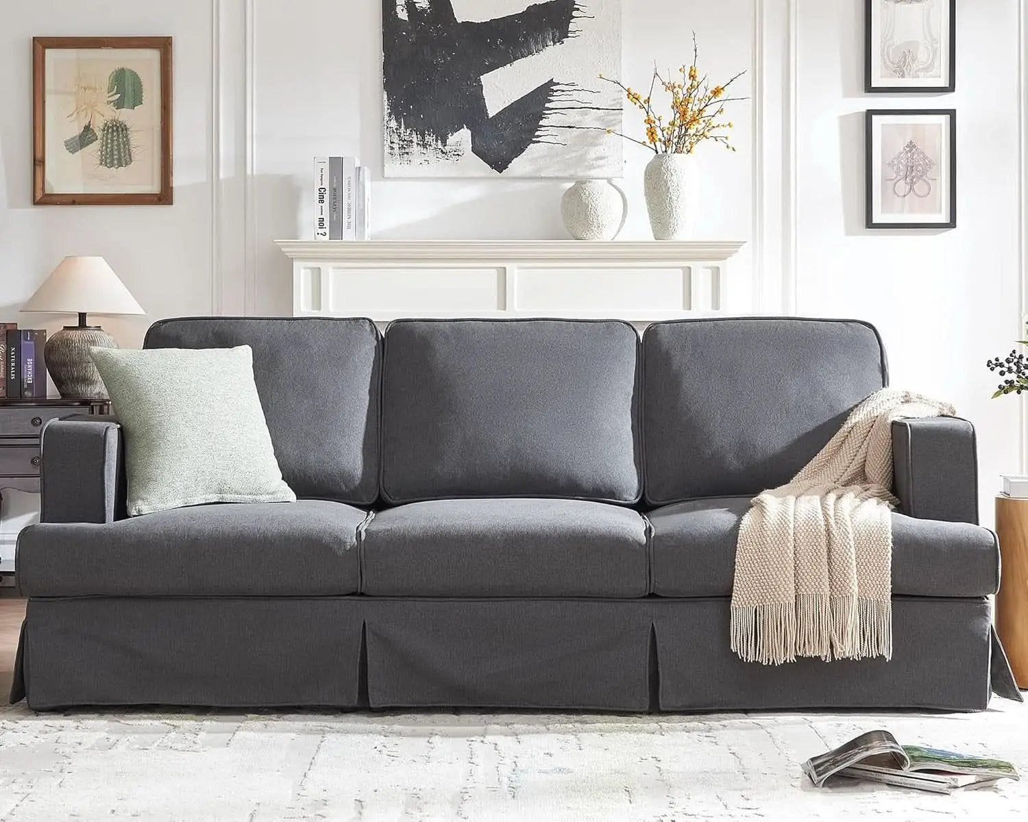 89 Inch Slipcovered Linen Grey Sofa 3 Seater Couch from PriceLows™