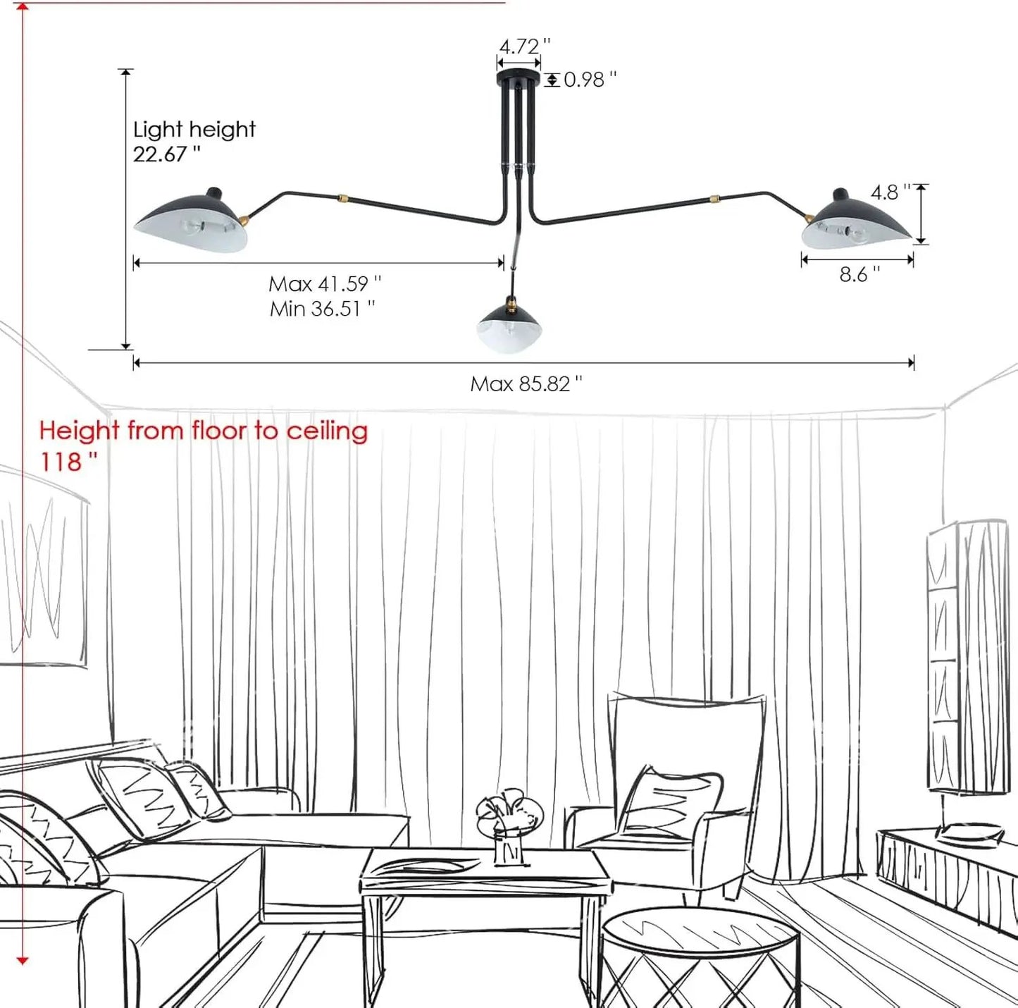 Matt Black Three Arm Adjustable Pendant Light Chandelier from PriceLows™