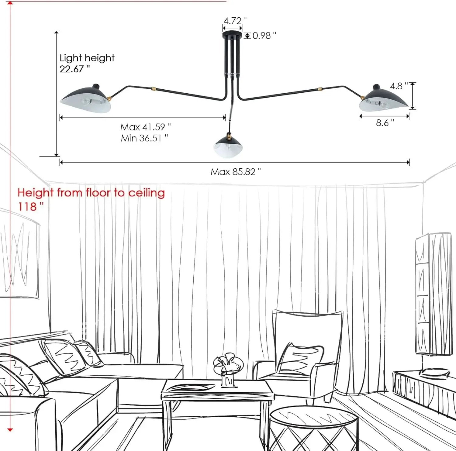 Matt Black Three Arm Adjustable Pendant Light Chandelier from PriceLows™