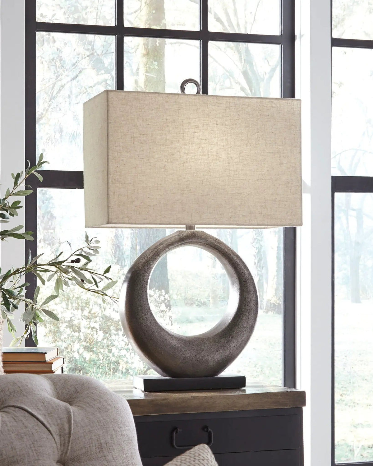 Saria Metal Table Lamp | 19 x 8.88 x 29 in | Fabric & Metal | Antique Silver Finish