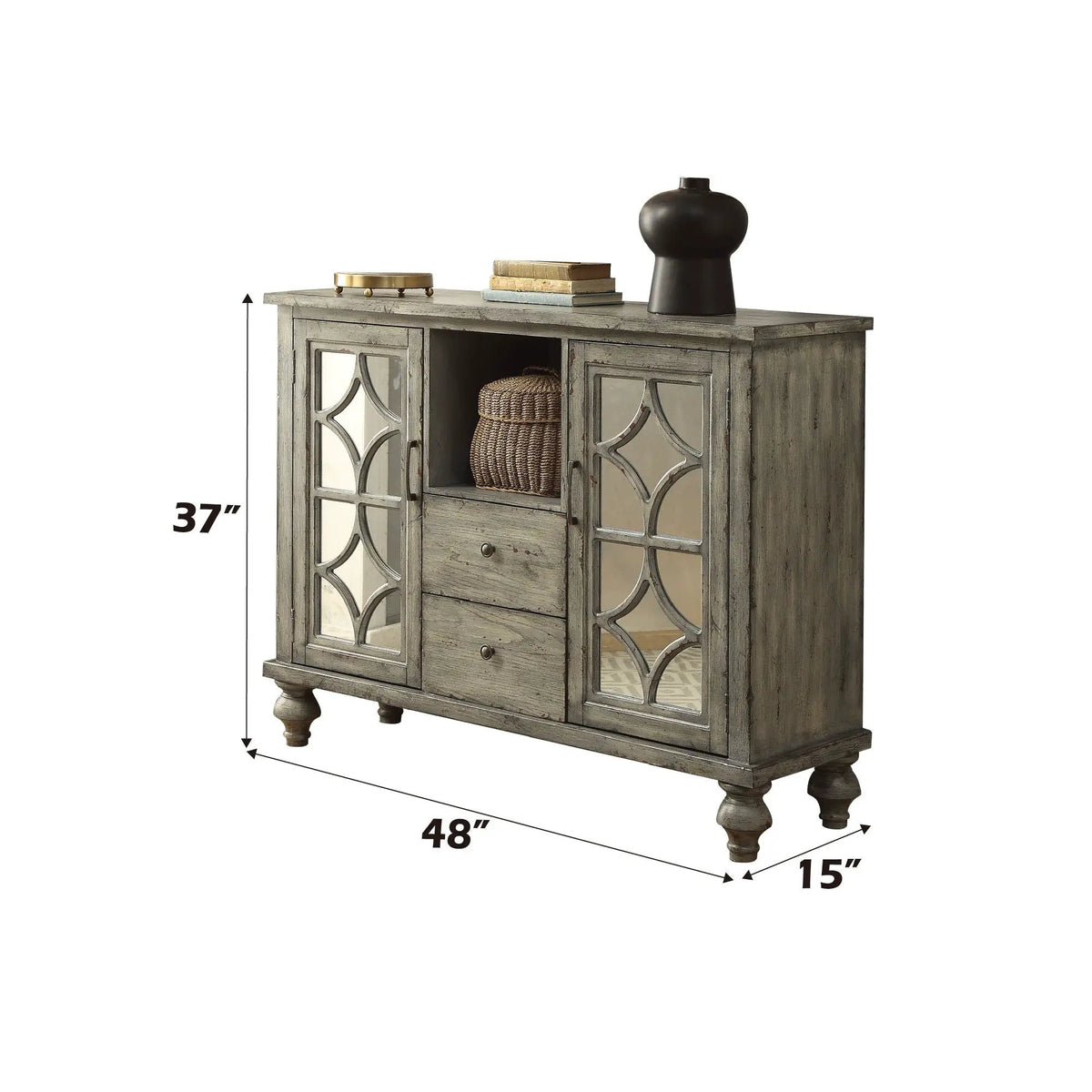 Velika Weathered Console Table | Gray Finish | Open Compartment Storage | Two Doors