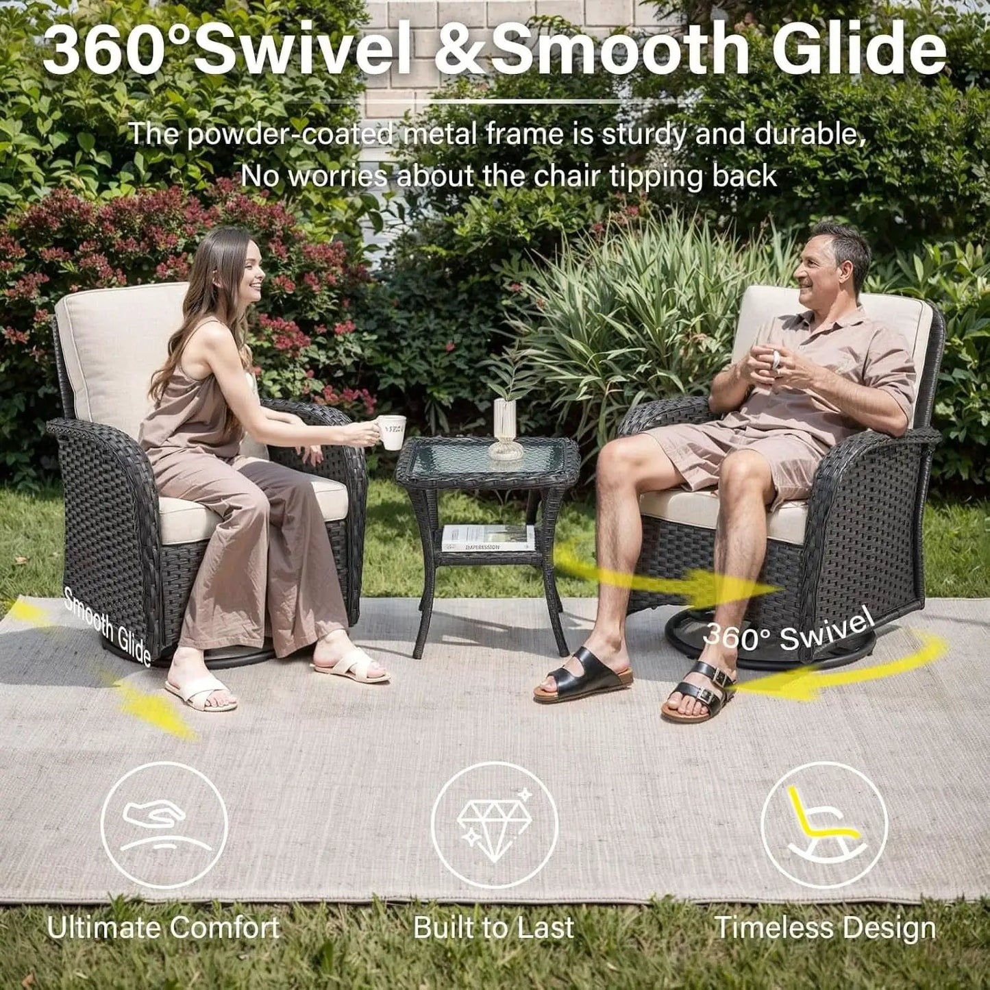 3 Piece Black Wicker Patio Furniture Set With Swivel Rocker Chairs And Side Table Beige Cushions from PriceLows™