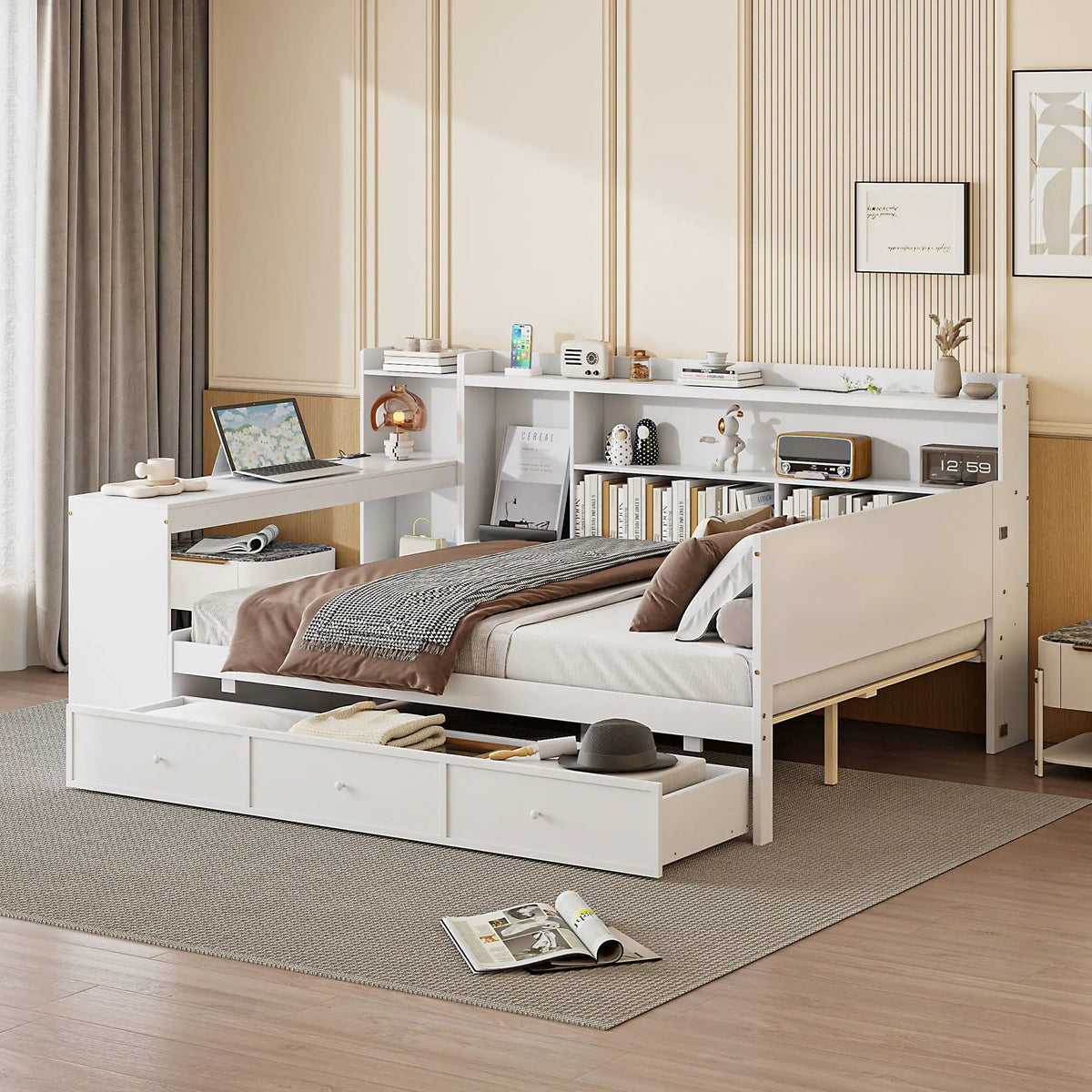 Pine Wood Daybed | 3 Drawers | USB Ports | Built-In Desk