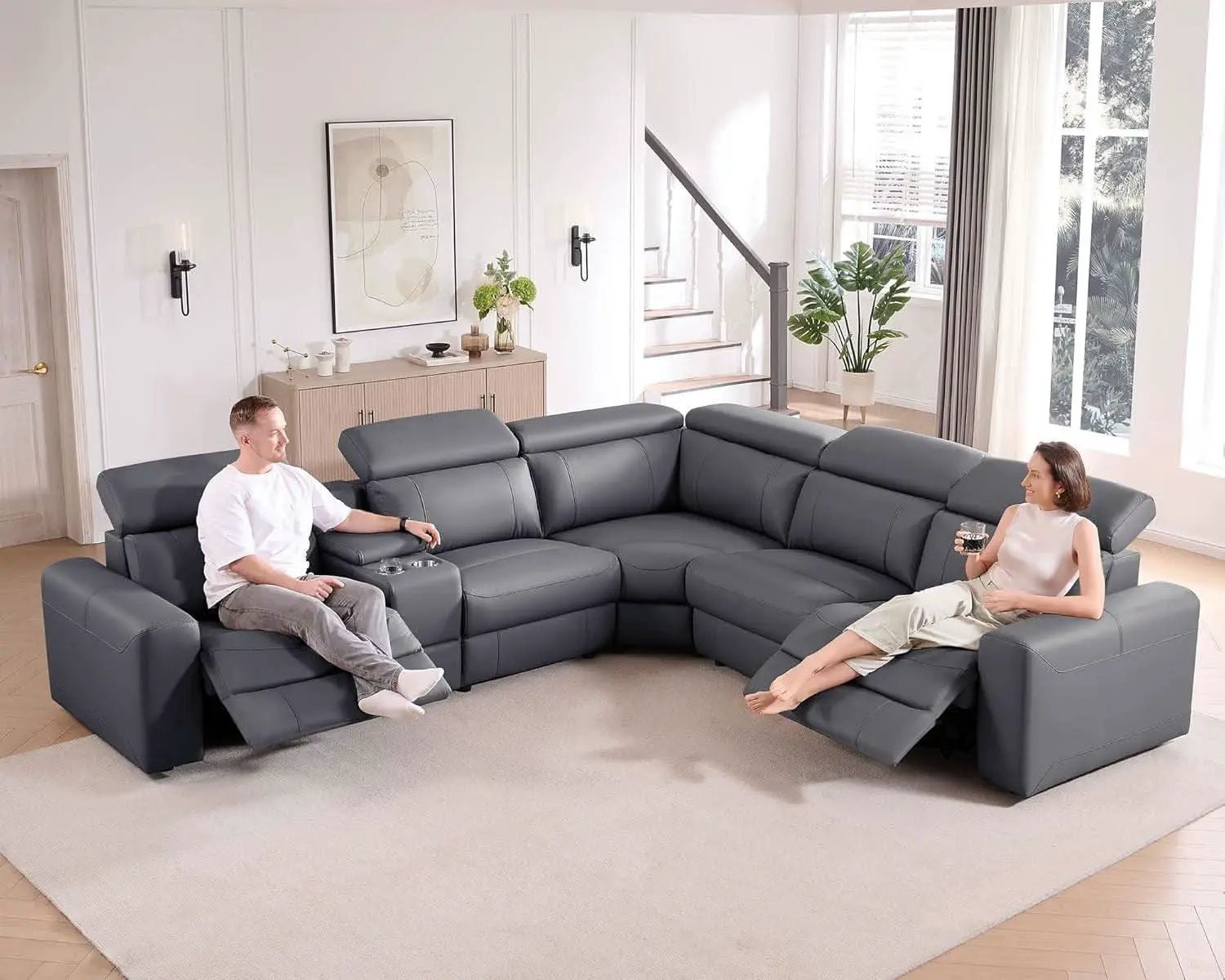 Grey Leather Power Recliner Sofa With Center Console from PriceLows™
