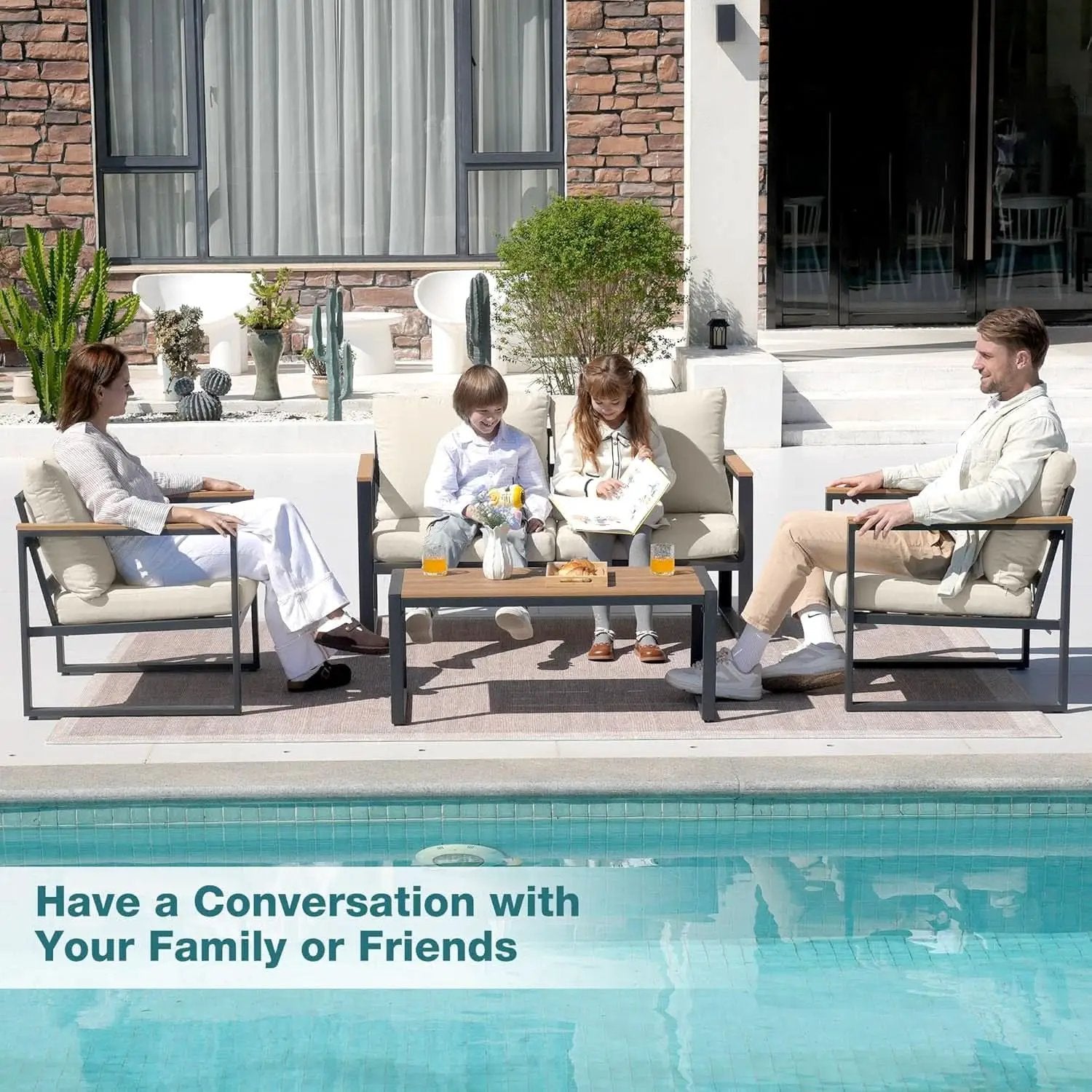 4 Piece Patio Set With Coffee Table Beige Metal Frames And Washable Cushions from PriceLows™