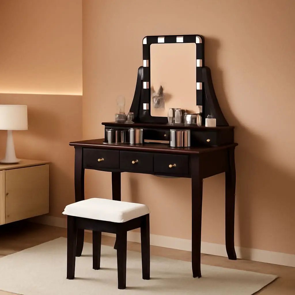 Brown Vanity Table Set With 10 LED Lights For Bedroom from PriceLows™