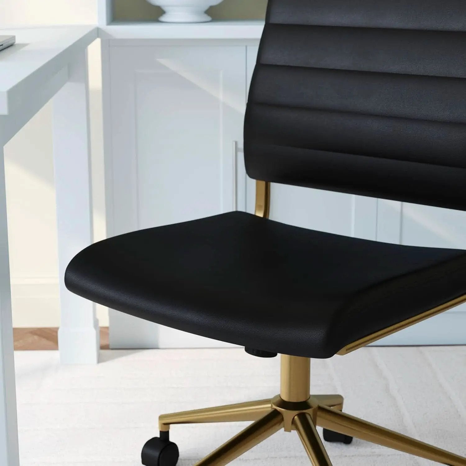 Armless Swivel Task Chair Black Faux Leather Brass Frame from PriceLows™