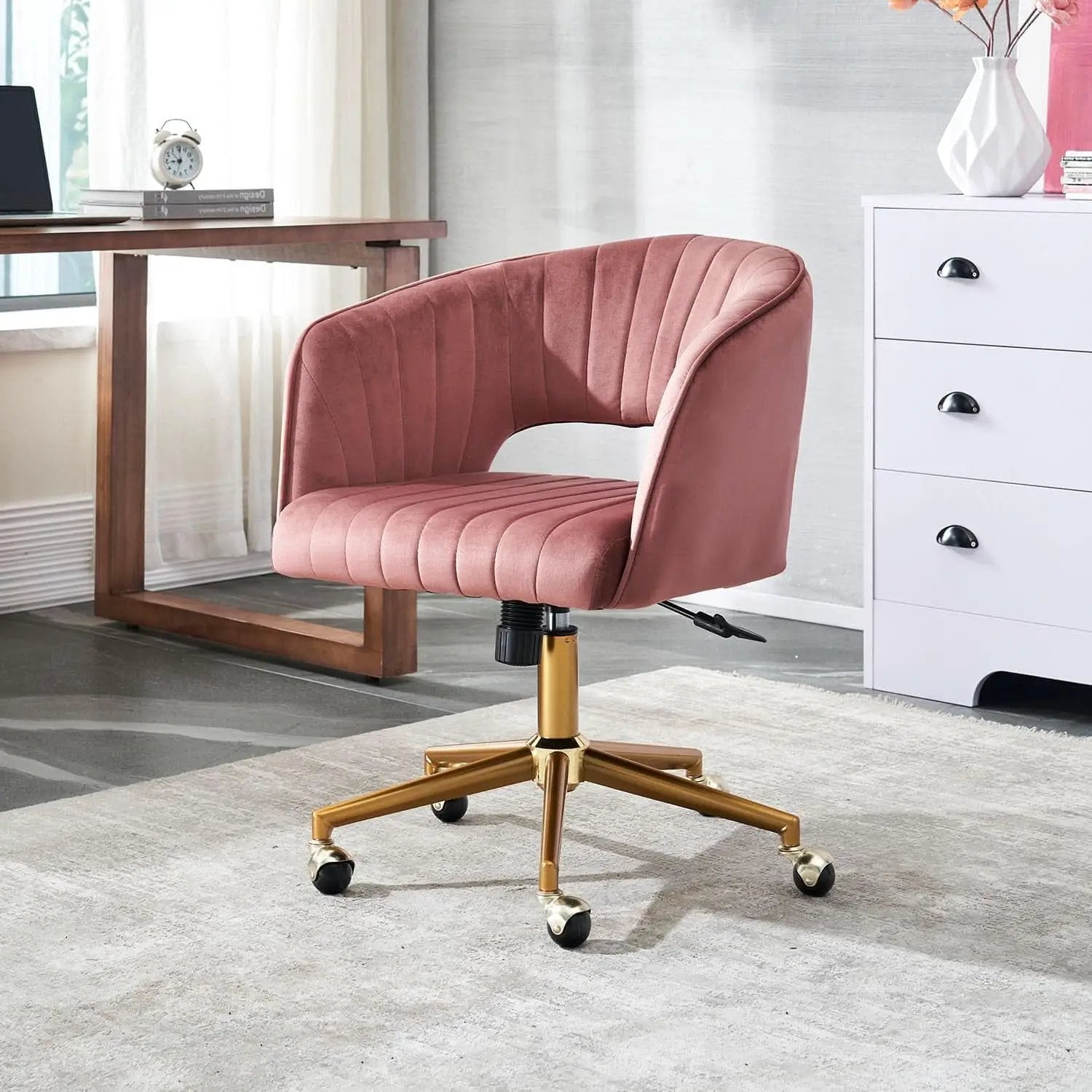 Pink Velvet Swivel Home Office Chair 360 Degree With Gold Base from PriceLows™