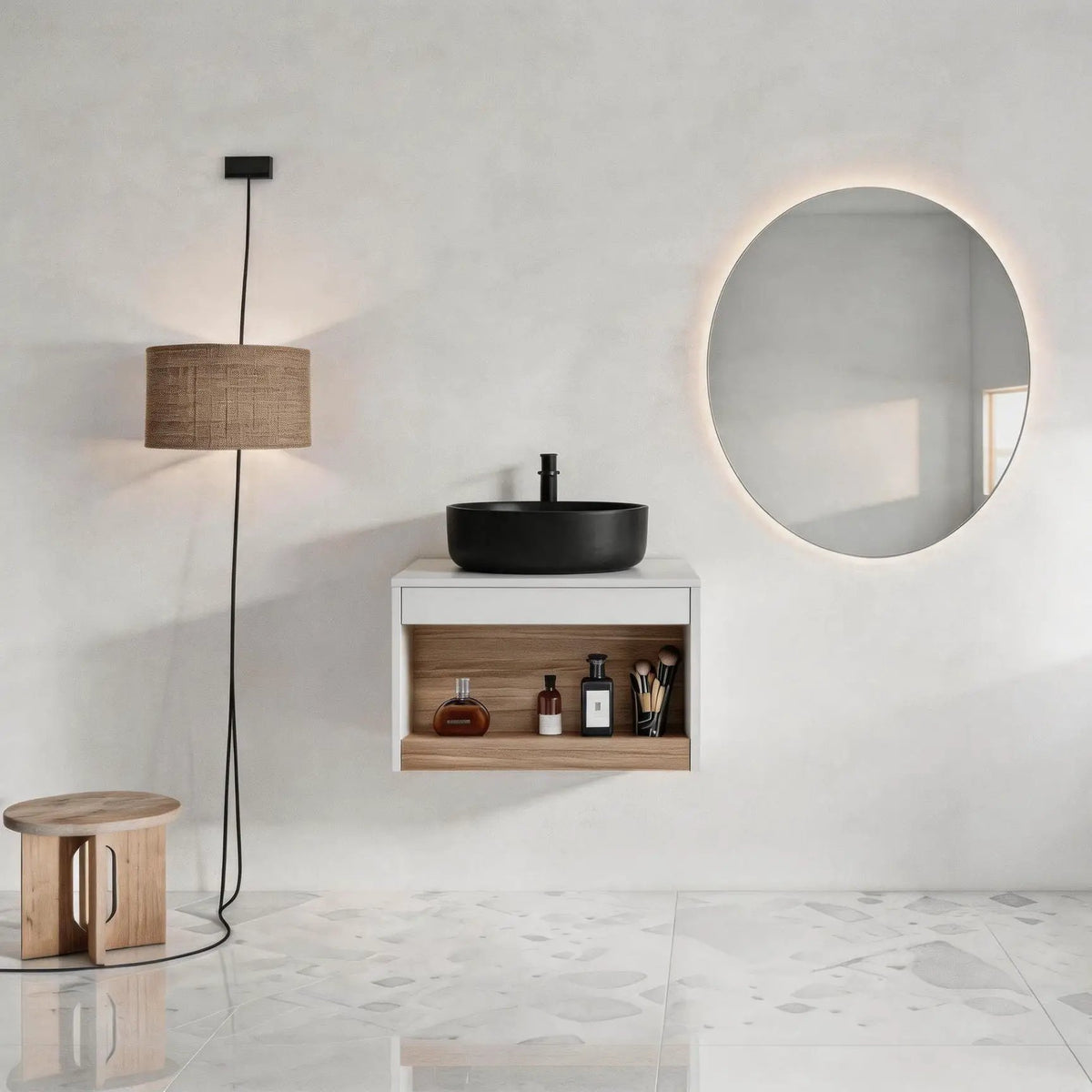 Floating Bathroom Vanity | Round Glossy Sink | Wall Mounted | Compact Design