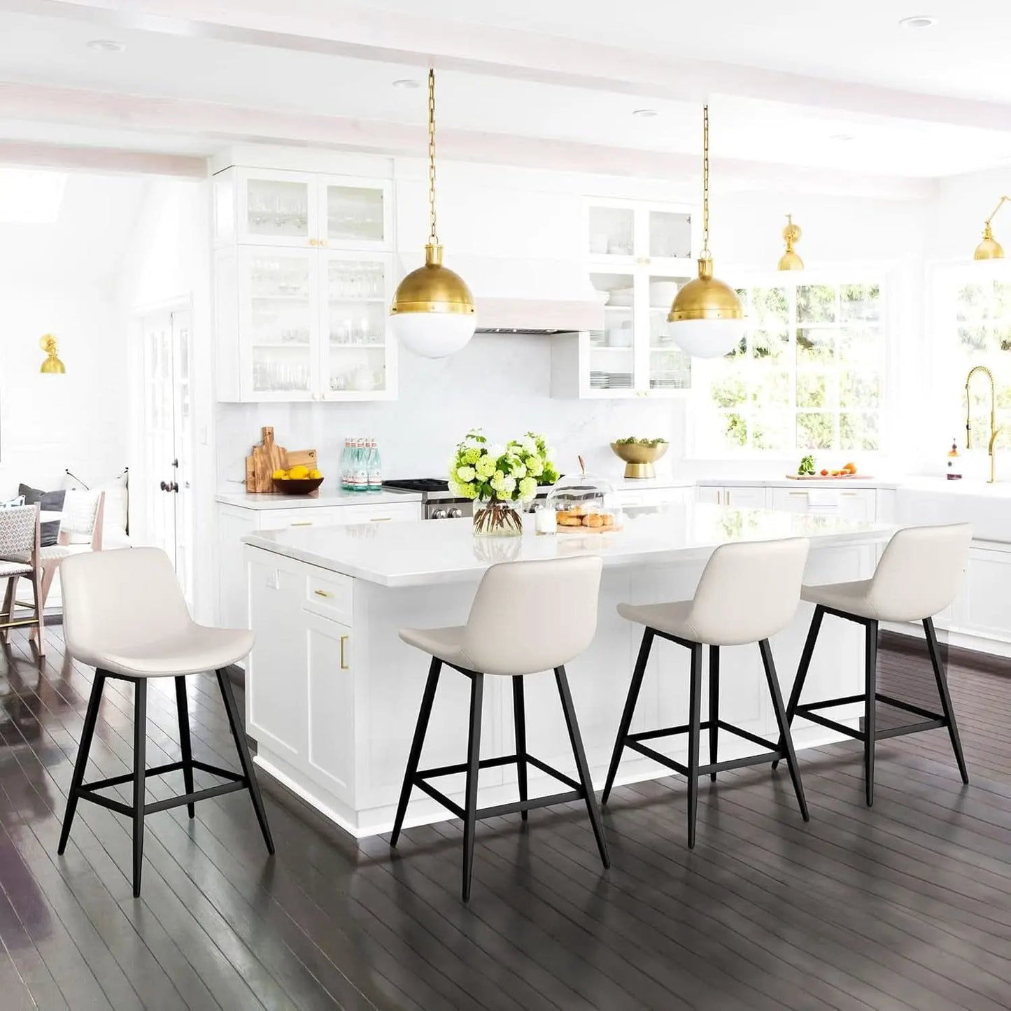 24 Inch Faux Leather Bar Stool Set of 3 With Back and Footrest, Antique White for Kitchen Island from PriceLows™